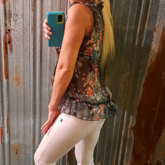 Sheer Waterfall Ruffled Floral Watercolor Tie Back Blouse - Picture 3 of 8